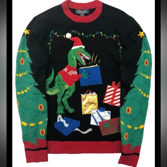 Mens Funny Black Sparkle T-Rex Dinosaur Christmas Holiday
X-Mas Sweater Sz.XL - Picture 2 of 13